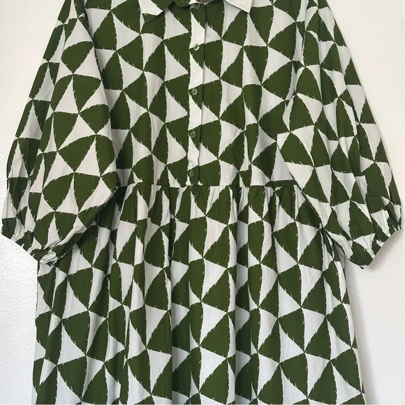 Anthropologie Green and White Geometric Long Sleeve Dress Size 2x - Picture 3 of 16